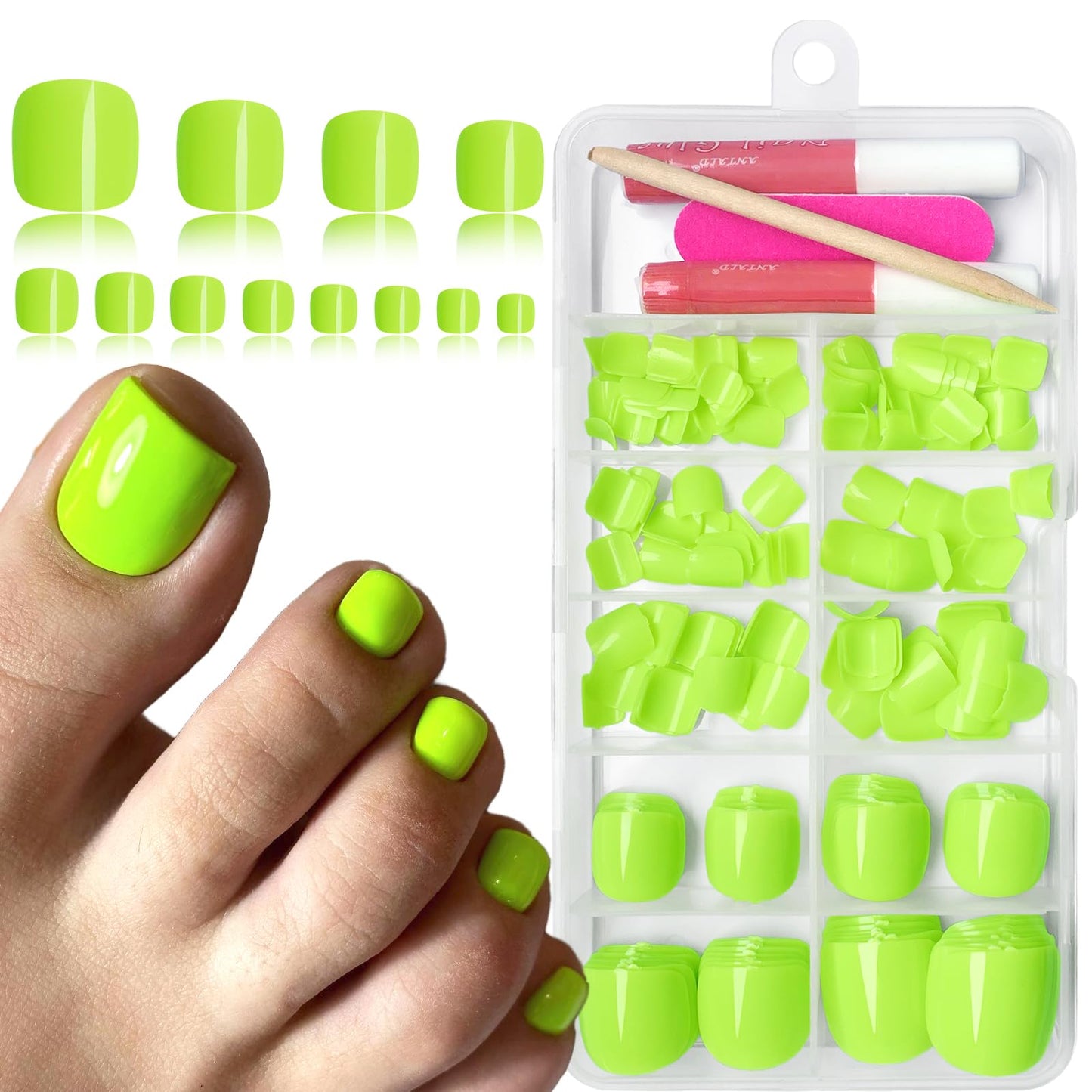 Bellelfin Short Press on Toenails, 240Pcs Square Bright Green Fake Toes Nails Kit Full Cover Glossy False Toenail Press ons Solid Color Acrylic Glue on Toenails for Women Girls