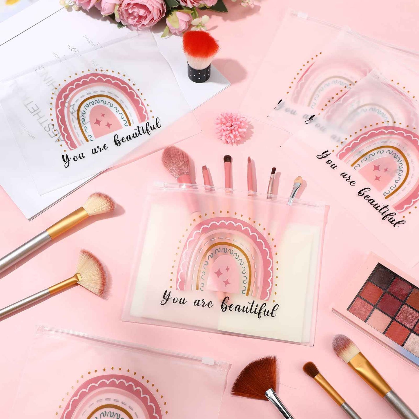 Wesiti 50 Pcs Rainbow Cosmetic Bag Inspirational Gift Motivational Quotes Christian Makeup Bag Bulk Waterproof Zipper Pouch for Women Girl Teacher Christmas Gift(You Are Beautiful)