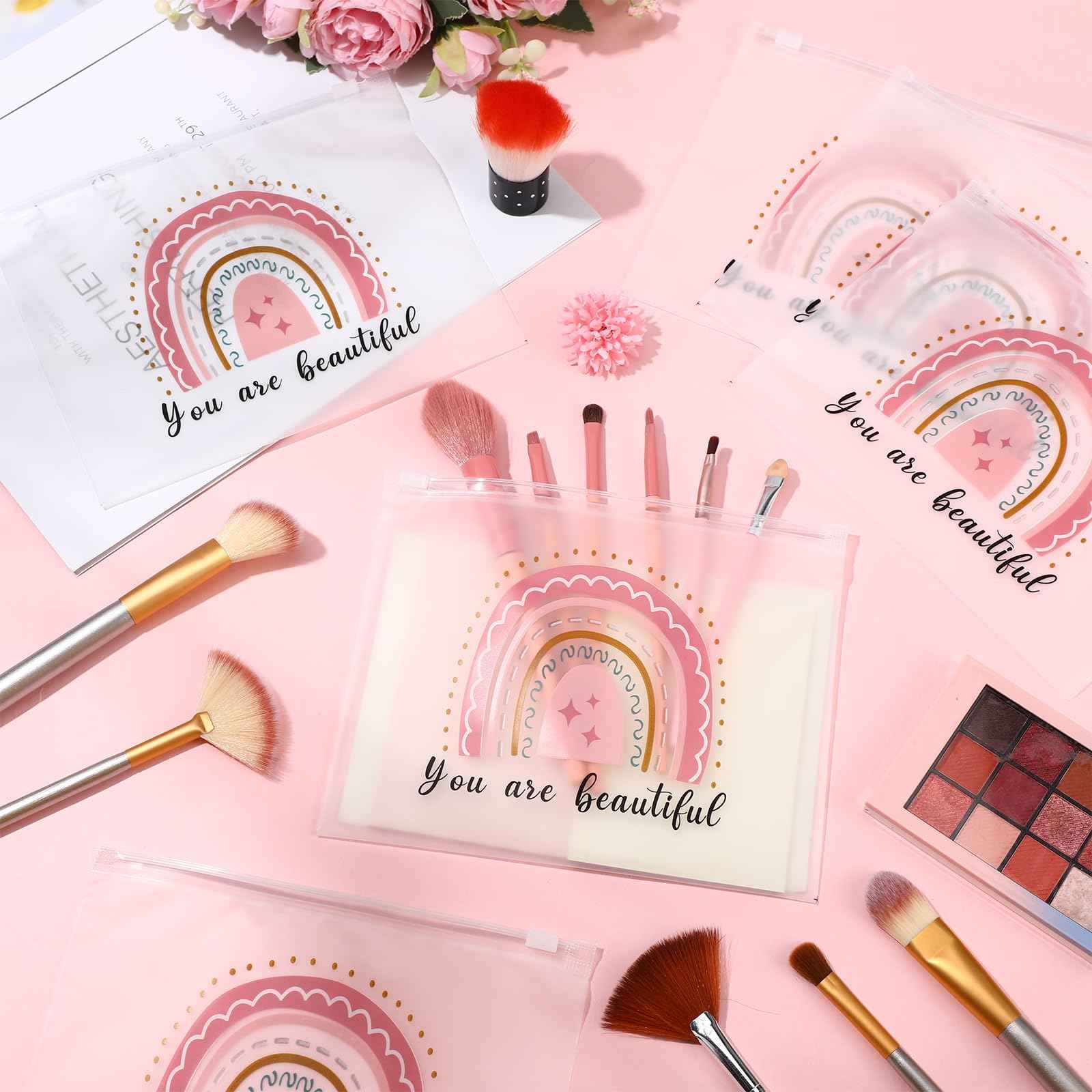 Wesiti 50 Pcs Rainbow Cosmetic Bag Inspirational Gift Motivational Quotes Christian Makeup Bag Bulk Waterproof Zipper Pouch for Women Girl Teacher Christmas Gift(You Are Beautiful)