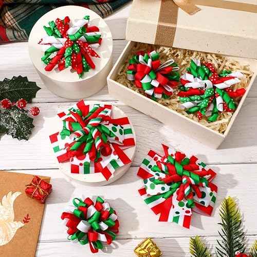 JUNEBRUSHS 6 Pcs Christmas Hair Bows Clips, Red Green White Ribbon Curly Hair Accessories for Girls Christmas Favor Gift Holiday Decor Accessory