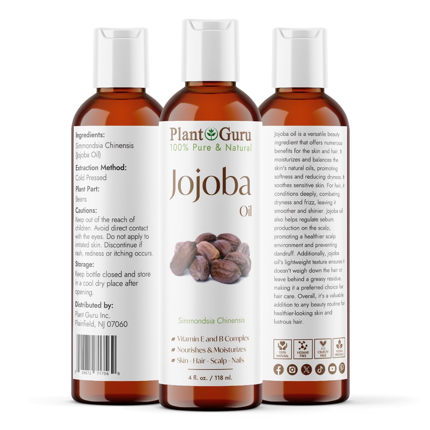 Jojoba Oil 4 fl. oz. Cold Pressed Unrefined - 100% Pure Natural Moisturizer For Skin, Body, Face And Hair Growth. Deeply Hydrating Carrier Oil For DIY Soap Making and Massage