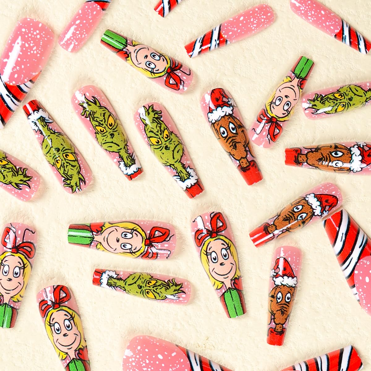 Christmas Press on Nails Long Coffin Fake Nails Funny Cartoon Designs False Nails Pink Cute Acrylic Nails Winter Xmas Glue on Nails Gloss Artificial Nails for Women Holiday Manicure Decorations