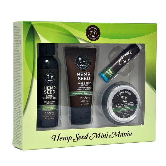 Hemp Seed Mini Mania Travel Set, Guavalava - Includes Bath & Shower Gel (1 oz), Hand & Body Lotion (1 oz), a 3-in-1 Massage Candle (2 oz), and Lip Balm (0.15 oz) - Vegan, Cruelty Free