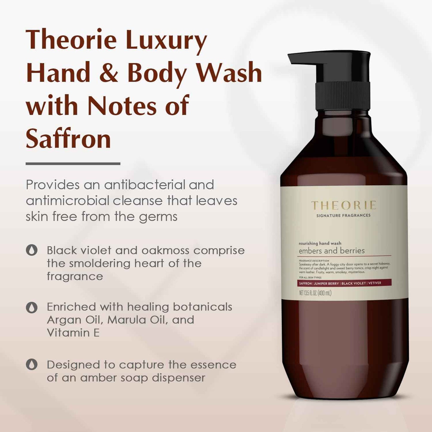 Theorie Embers and Berries Hand and Body Wash - Signature Fragrances Collection - Vegan, Luxury Soap with Notes of Saffron, Juniper Berry, Black Violet & Vetiver, Pump Bottle 400mL