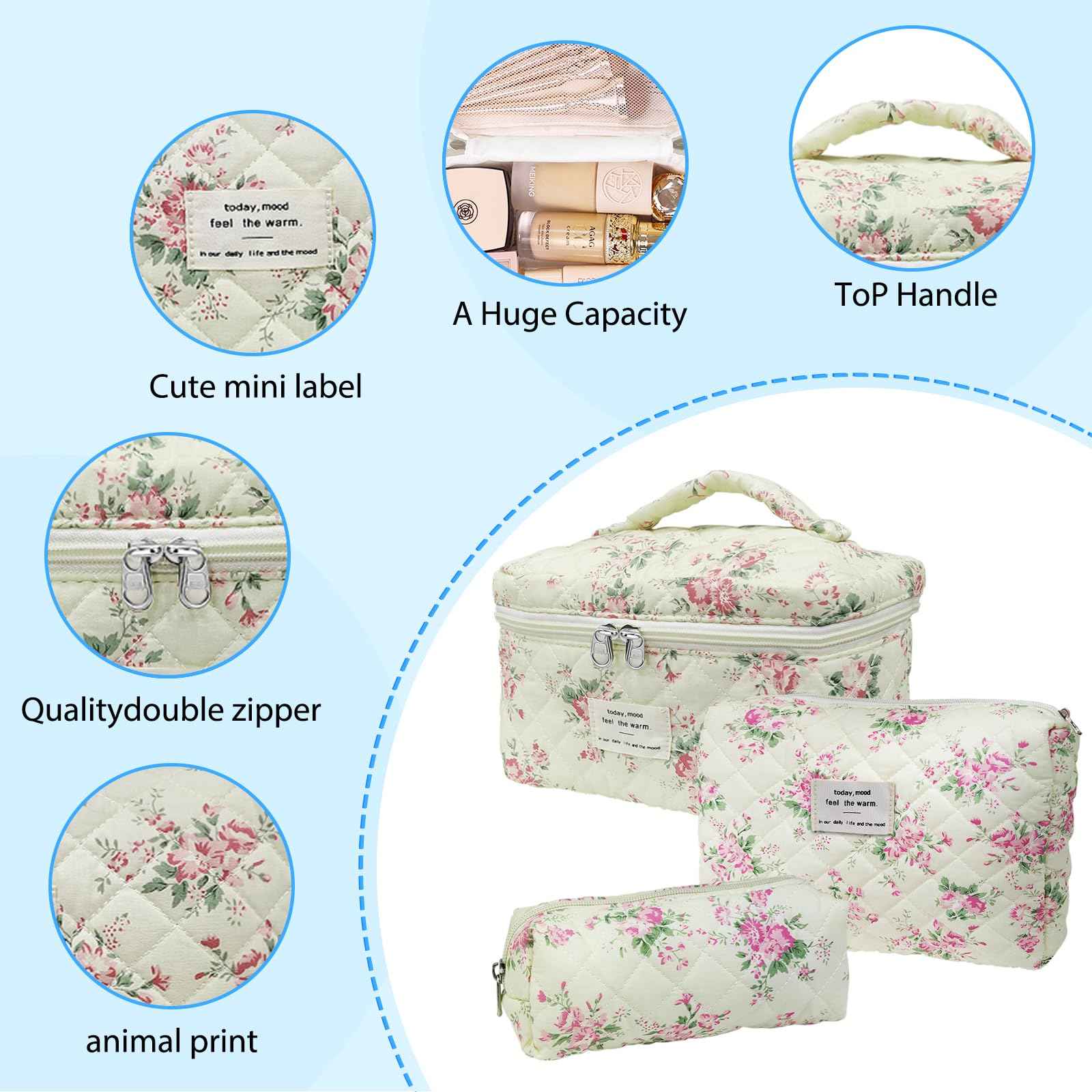 Quilted Makeup Bag, Large Capacity Travel Cosmetic Bag for Women and Girls, Aesthetic Storage, Suitable for Daily and Travel Use (3pcs-PinkRose)