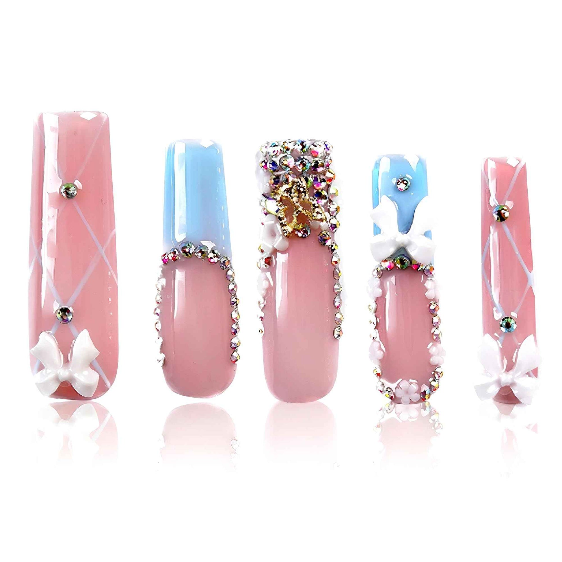 Tmani 10pc/set Extra Long Handmade Press On Nail Hot Girl's Long Ballet Square Nail Full of Diamond Glitter Decoration Fake Nails Suitable For Girls Festival Parties and Birthday Gift（238,Size-S)