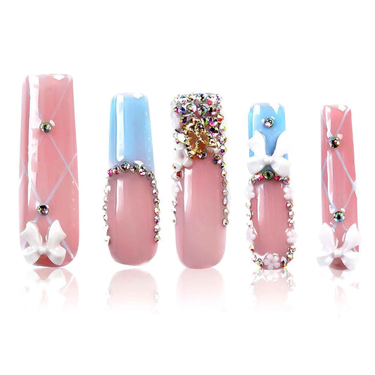 Tmani 10pc/set Extra Long Handmade Press On Nail Hot Girl's Long Ballet Square Nail Full of Diamond Glitter Decoration Fake Nails Suitable For Girls Festival Parties and Birthday Gift（238,Size-S)