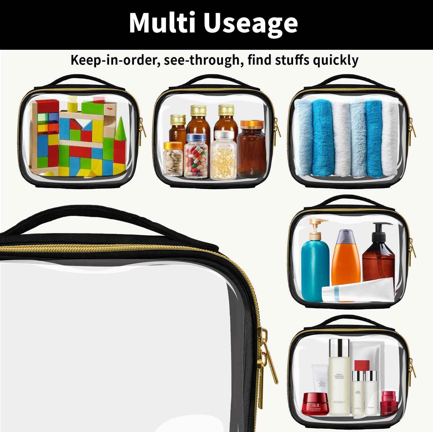 FAYORORY Travel Toiletry Bag,2 Pack Clear Makeup Bags with Handles,180°Opening Clear Cosmetic Bags for Traveling Women,Men,Travel Essentials,Black