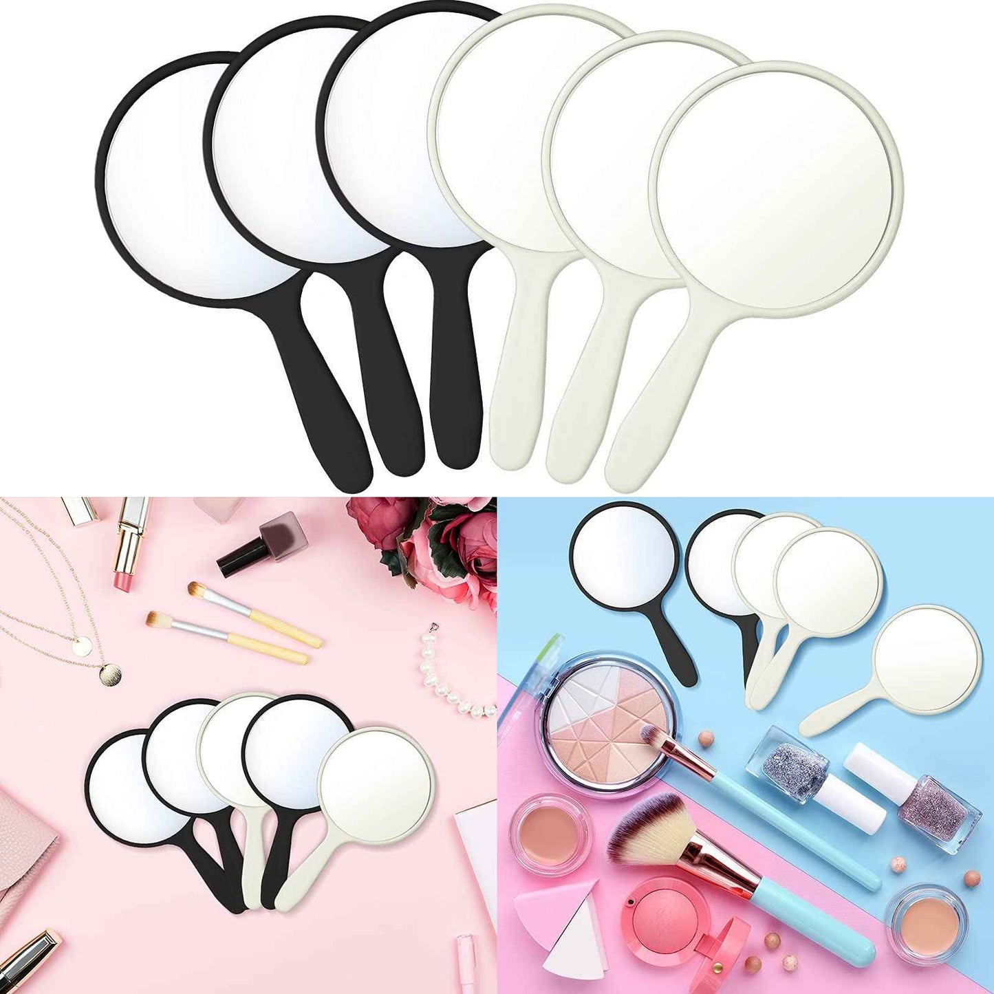 Jetec 50 Pcs Handheld Mirror with Handle, 3.94" L x 2.17" W, Small Portable Round Mirror Bulk for Kids Travel Makeup Classroom Camping Daily DIY Crafts (Black, White)