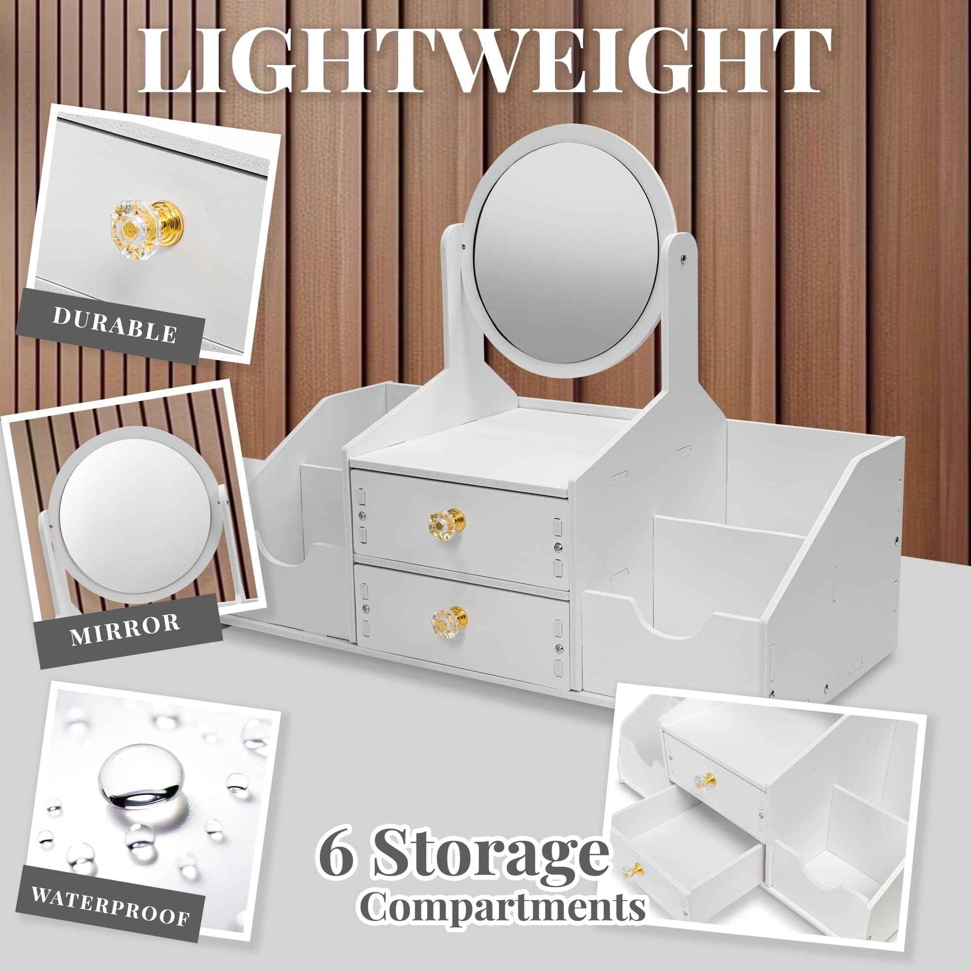 Domovina Wooden Makeup Organizer – Countertop Makeup Organizers with Mirror, Drawers – Cosmetic Organizer for Brushes, Skincare – Elegant Make Up Storage Holder for Vanity, Bathroom, Dresser