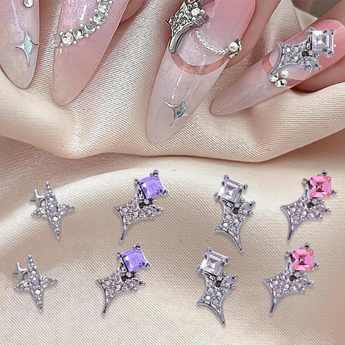 20Pcs Silver Star Nail Charms for Nail Art Crystal Diamond Stars Nail Art Charms Pink Purple Alloy 3D Alloy Star Nail Rhinestone with Gems and Charms Y2K Nail Supplies for Acrylic Nails Decor Crafts