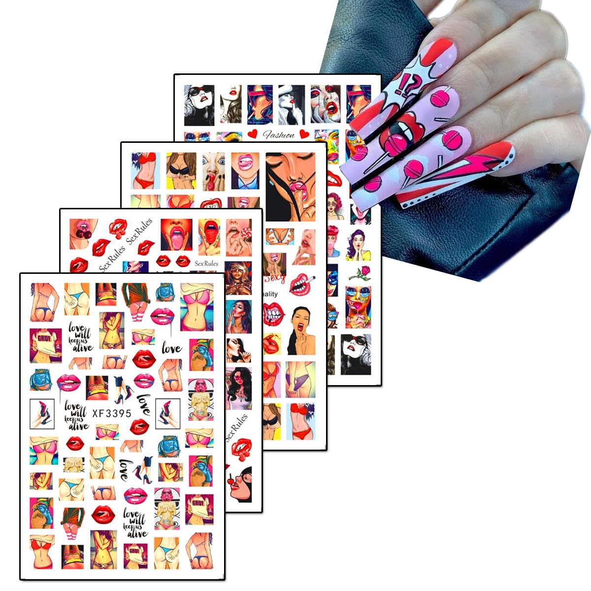 12Sheets Bad Girl Nail Art Stickers Self-Adhesive Sticker Sexy Lips Rose Bear Transfer Decals and Beautiful Girl Cartoon Design Nail Art Stickers Nail Art for Women Supplies Charms Decorations