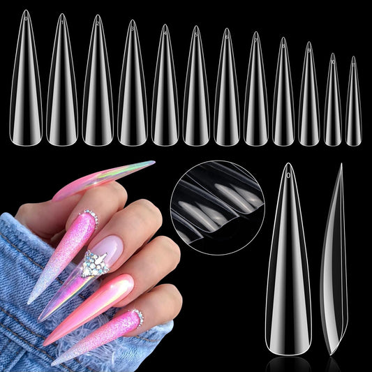 504PCS 3XL Stiletto Nail Tips, Full Cover Clear Nail Tips for Acrylic Nails Professional, 12 Sizes Tapered Square Acrylic Full Nail Tips Press On Gel Nail Tips for Nail Salons Home DIY