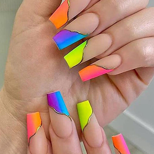 MERVF Coffin Press on Nails Long Fake Nails Colorful French Tip Glue on Nails Press ons with Rainbow Design Ballerina Acrylic False Nails Matte 24pcs