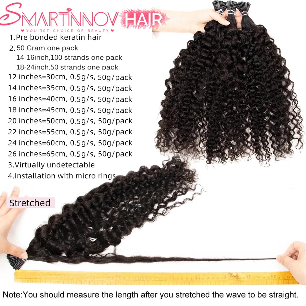 Kinky Curly I Tip Hair Extensions Human Hair Cold Fusion Stick I Tip Hair 18 Inch 100% Remy Hair Extensions Cold Fusion Tipped Hair Extensions for Women Curly Pre Bonded Microlinks Hair Extensions 50G