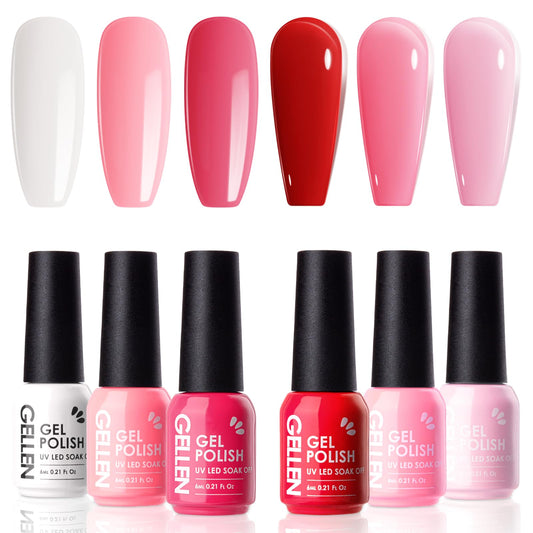 Gellen Red Gel Polish Set, 6 Colors Red Rose Pink Jelly Gel Nail Polish Set, French Tip Gel Polish Set Soak off U/V Light Cured Nail Art Valentines Gifts for Her