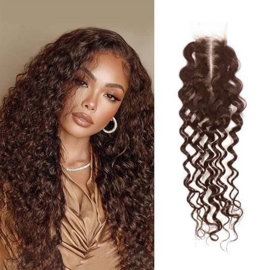 Brown Water Wave 2x6 Lace Closure Top Swiss Lace Water Wave Remy Human Hair Deep Middle Part Closure Color #4 With Baby Hair 14 Inch