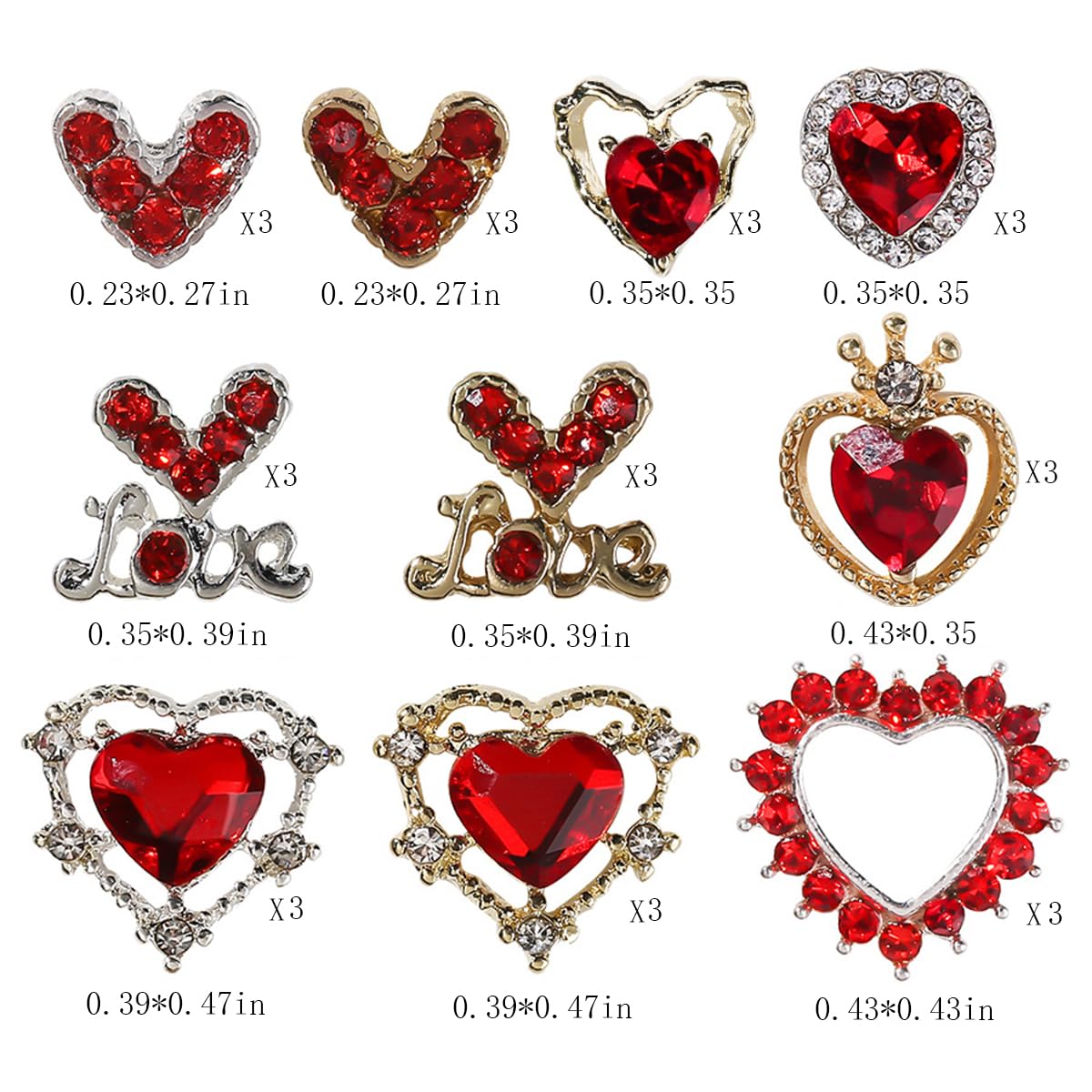 30 Pcs Valentine’s Day Nail Charms 3D Alloy Nail Art Charms 3D New Heart Love Shape Red Valentine's Day Gems Design for Manicure Craft DIY Diamond Nail Rhinestone Manicure Accessories