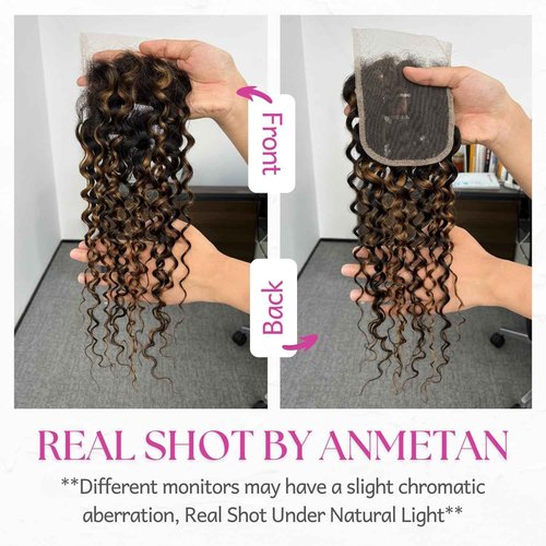 Anmetan Honey Blonde Highlight Black and Brown 4x4 Closure Water Wave Human Hair, 12A Wet and Wavy Color F1B30 Ombre 100% Remy Hair Pre Plucked with Baby Hair Free Part Hairline 4x4 Lace Closure 14 In