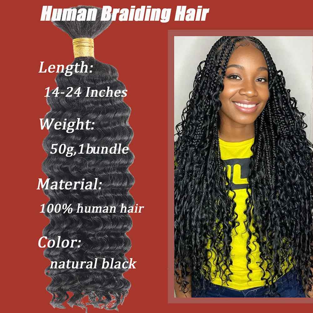 Human Braiding Hair 50g Deep Curly Wave Bulk Human Hair for Braiding No Weft Bundle Brazilian Virgin Curly Human Hair Extensions for Boho Braids Wet and Wavy Human Hair Braiding Hair Natural Color