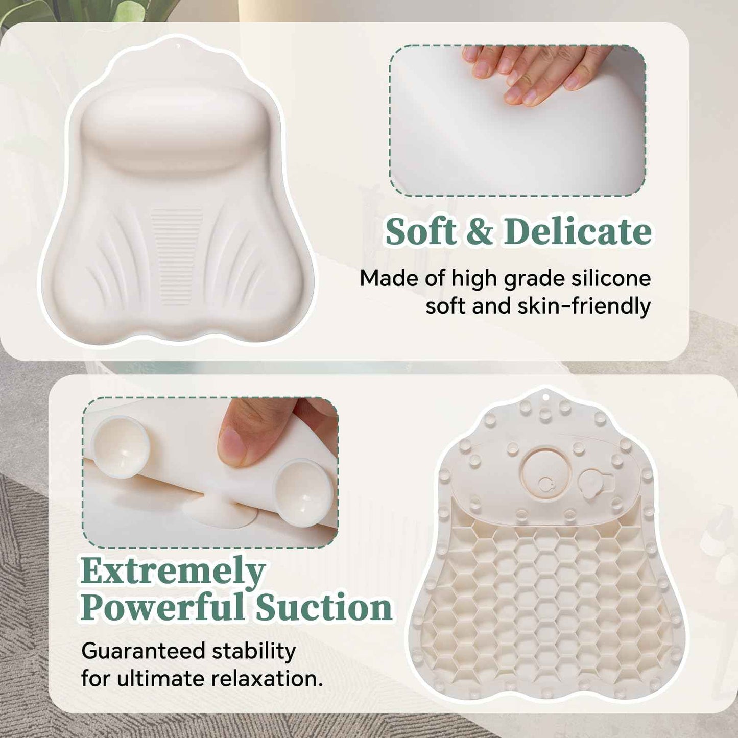 Silicone Bath Pillow for Tub Adults, 4D Air-Cushion Bathtub Pillow for Head Neck and Back Support, Non-Slip Suction Cups, Quick-Drying Waterproof Spa Pillow, Easy to Clean & Store，White