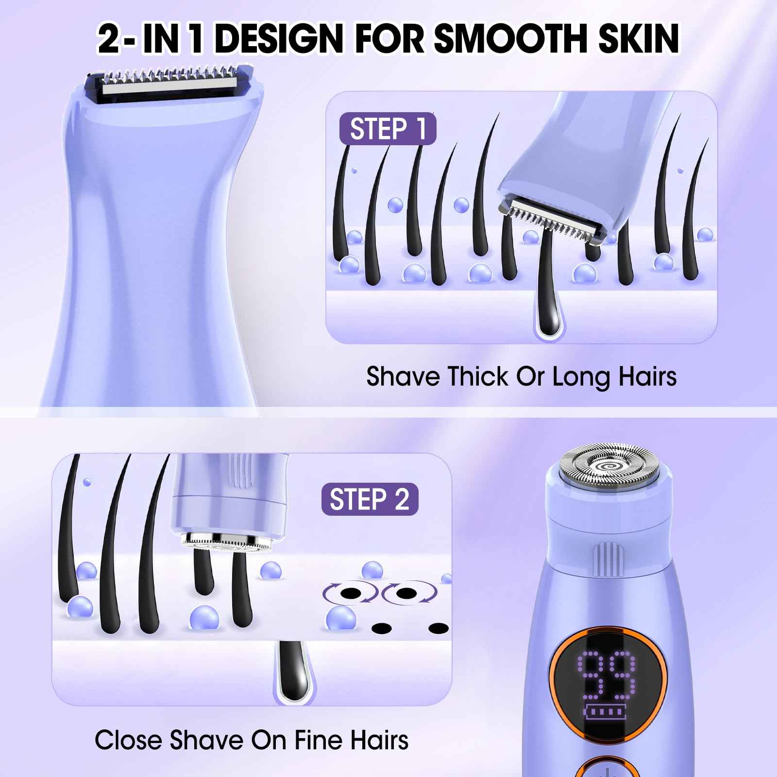 5 in 1 Bikini Trimmer for Women,IPX7 Waterproof Cordless Replaceable Pubic,Eyebrow,Facial Electric Razors&Nose Hair Trimmer&Painless Body Shaver for Arms Legs Underarms,USB Charge,LED Display,Wet&Dry