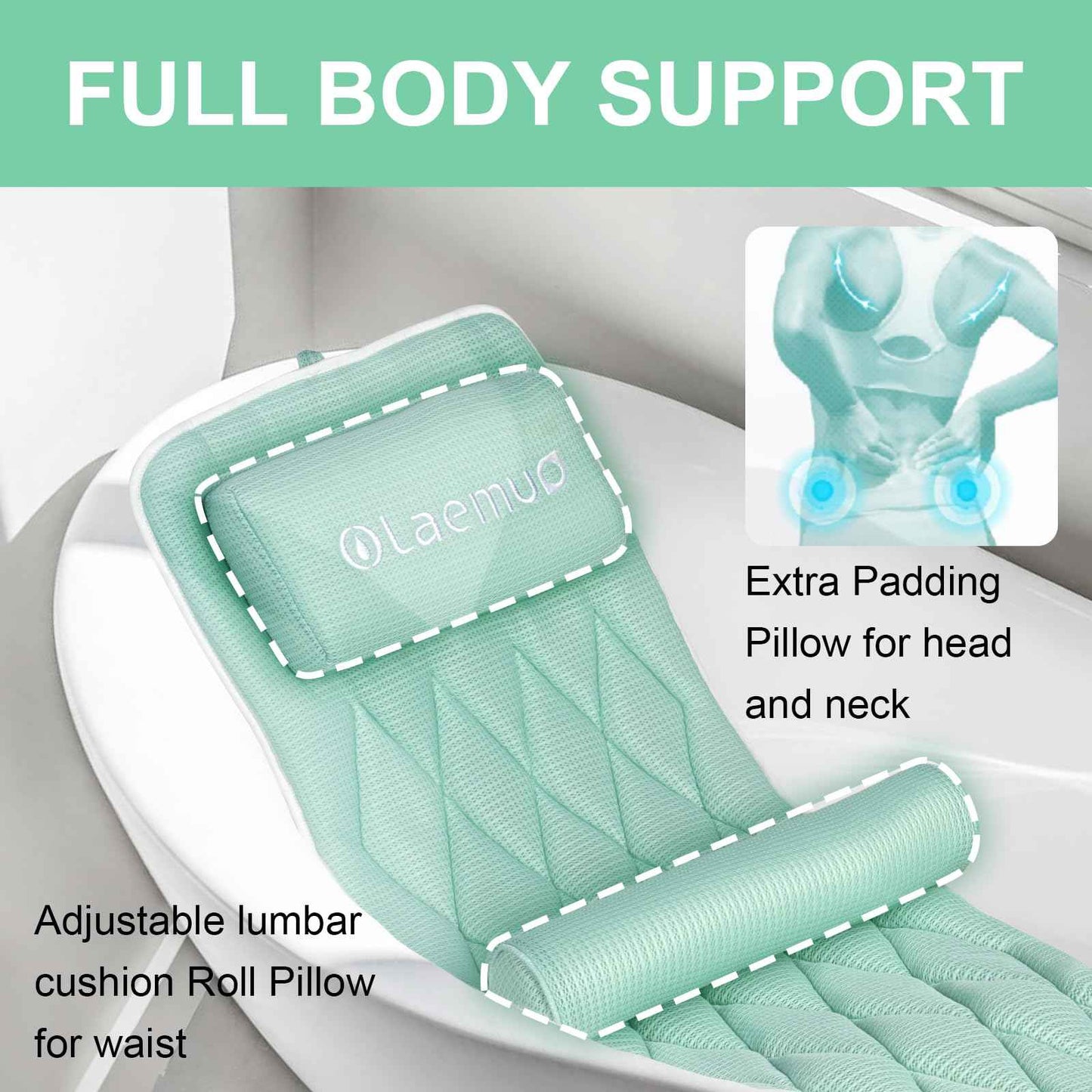 Full Body Bath Pillow Bathtub Pillows-Removable Lumbar Cushion with 17 Non-Slip Suction Cups 4D Air Mesh Fit Any Tub Luxury Bathroom Accessories-Green