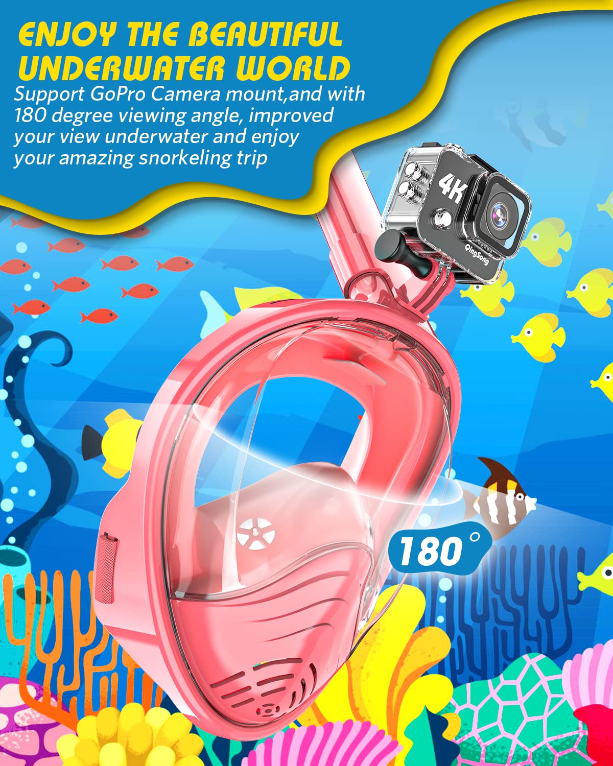 QingSong Kids Snorkel Mask Full Face, Snorkeling Set with Camera Mount, 180 Degree Panoramic View Snorkeling Gear Anti-Fog Anti-Leak