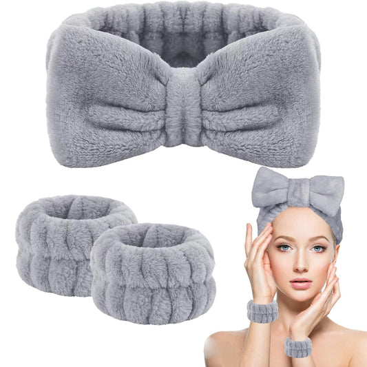 LAPOHI 3 PCS Spa Headband and Wristbands for Washing Face, Fluffy Skin Care Makeup Plsh Head Band Cuffs for Women and Girls, Soft Flannel Shower Supplies with Bow for Sleepover Party(Gray)