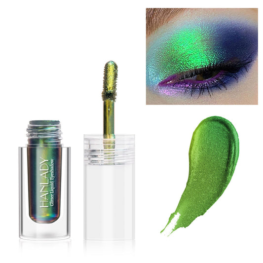 HANLADY Chameleon Eyeshadow Liquid Glitter Eye Makeup, Glitter Eyeshadow Green Intense Color Shifting Long Lasting with No Creasing, Quicky Dry & High Pigmented Shimmer Eye Shadow, Peacock