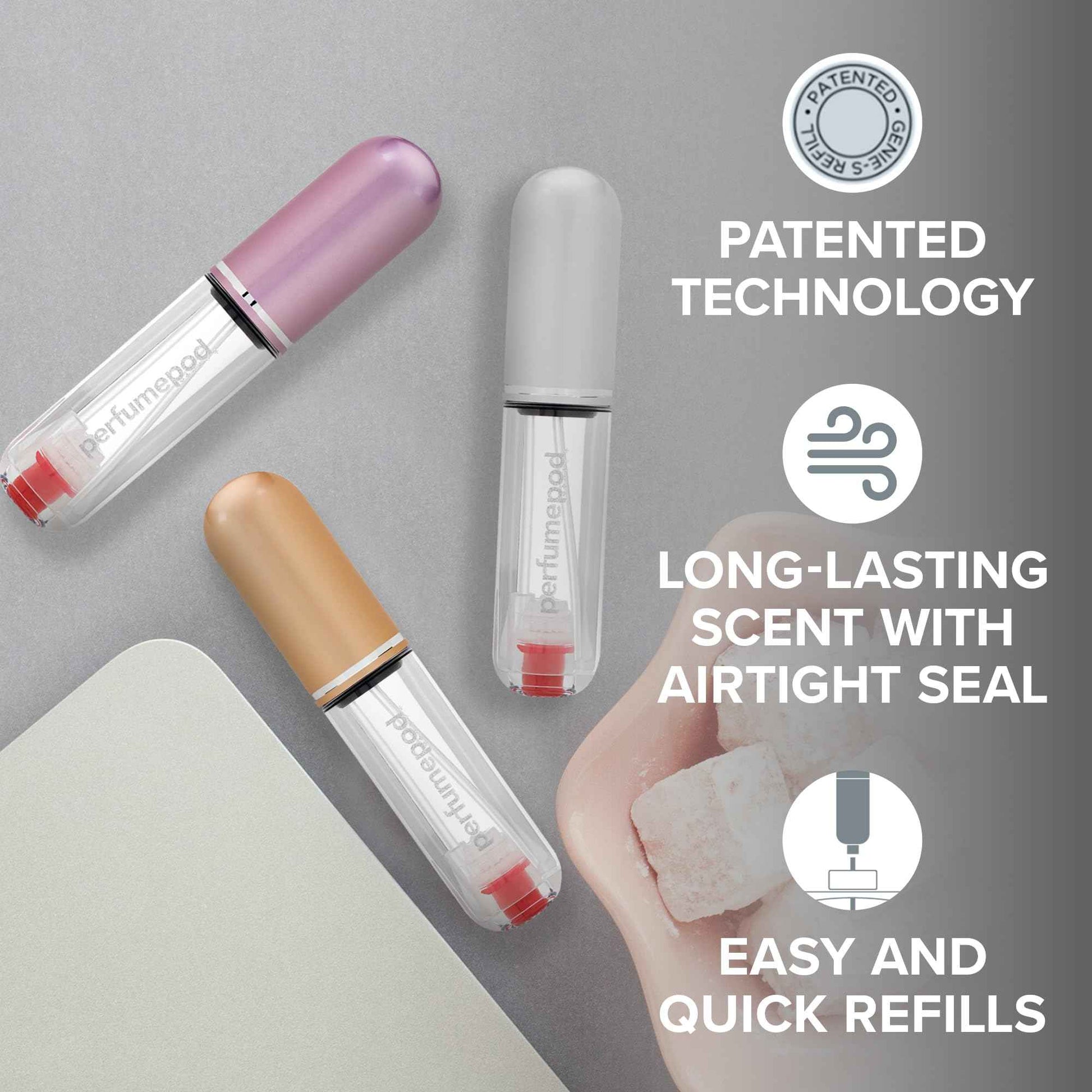 Travalo Pod Pure Perfume Atomizer Duo w/Pouch - Leak-Proof and TSA Approved for Air Travel - Reusable, Airtight, Easy-Fill Mini Pump Sprayer - Clear Body - Lid Colors Silver & Perfect Pink - 2 Pack