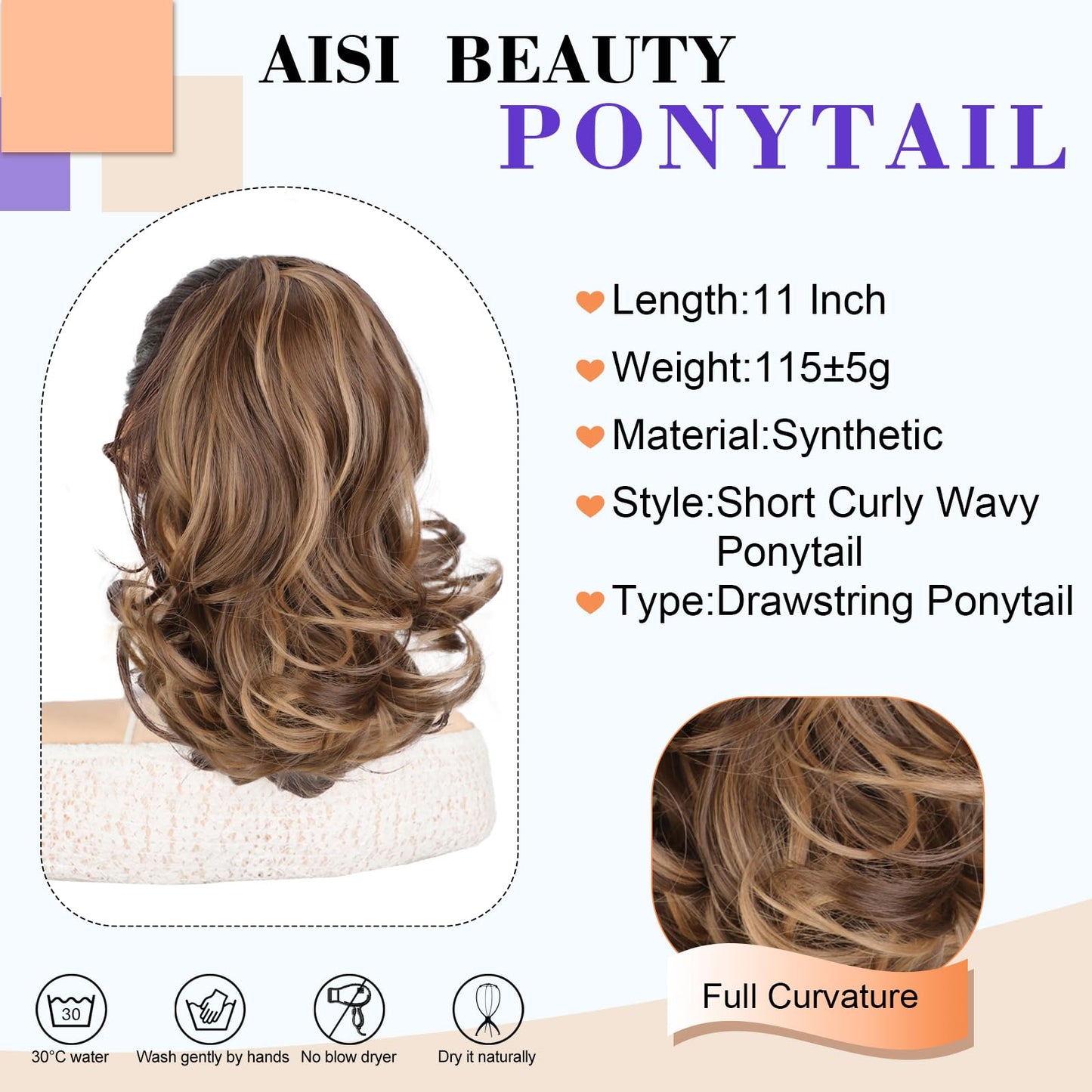 AISI BEAUTY Mix Brown Ponytail Extension Short Curly Wavy Drawstring Ponytail for Women Synthetic Pony Tail Hair Extensions(11 Inches)