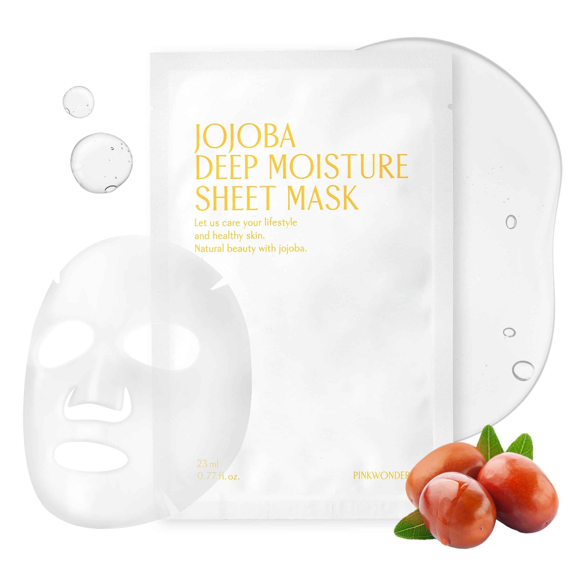 PINKWONDER Jojoba Deep Moisture Sheet Masks (5EA), Jojoba Oil and Hyaluronic Acid, Soothing for Dry and Sensitive Skin, Vegan Fabric, Korean Skincare