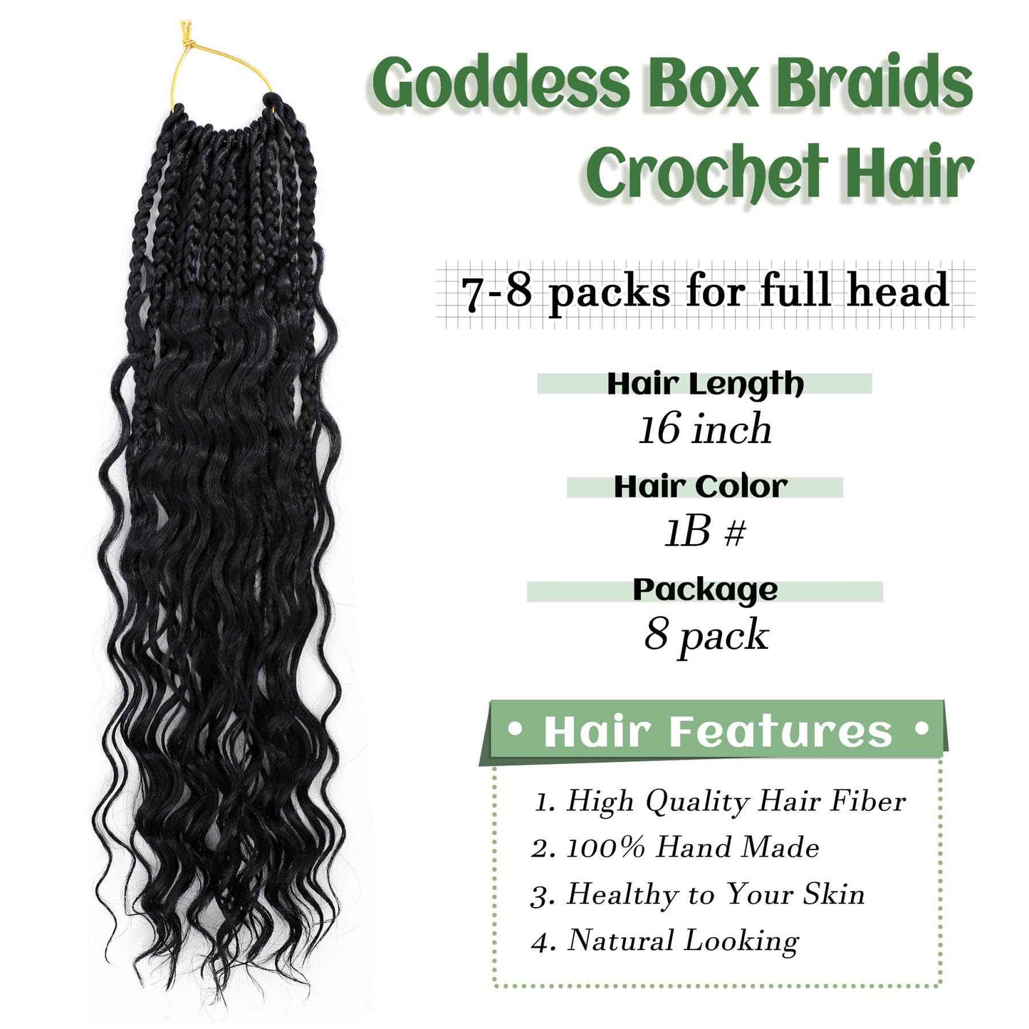 Eerya 8 Packs Boho Goddess Box Braids Crochet Hair for Black Women 16 inch Pre-looped Bohemian Crochet Box Braids With Curly Ends Synthetic Crochet Hair Extensions (16 inch, 1B)