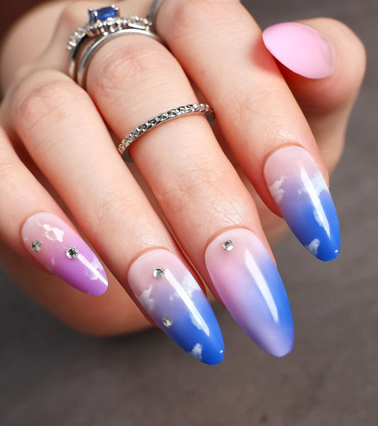 Press on Nails Almond - Morily Fake Nails Medium Length, Colorful Pink Blue Purple Ombre with Cloud Design | Hand-glued Rhinestones, Full Cover Stick on Nails Cute False Nail Tips - 24Pcs