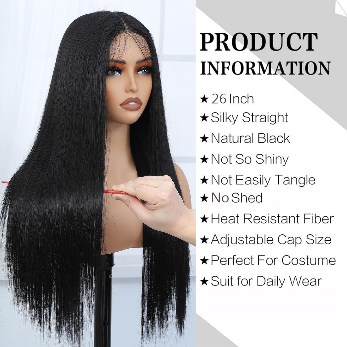 Silk Straight Synthetic Lace Front Wig Pre Plucked Wear And Go Glueless Wig HD Synthetic Lace Front Wigs for Women 180 Density 26 inch Black Natural Looking Hair Lace Wig