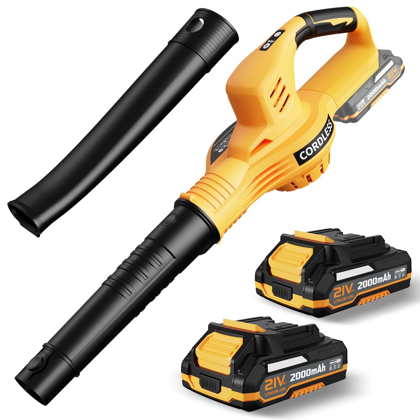 Leaf Blower Cordless - 21V Electric Cordless Leaf Blower with 2 Batteries and Charger, 2 Speed Mode, 2.0Ah Lightweight Battery Powered Leaf Blowers for Lawn Care, Patio, Blowing Leaves Lemon Yellow