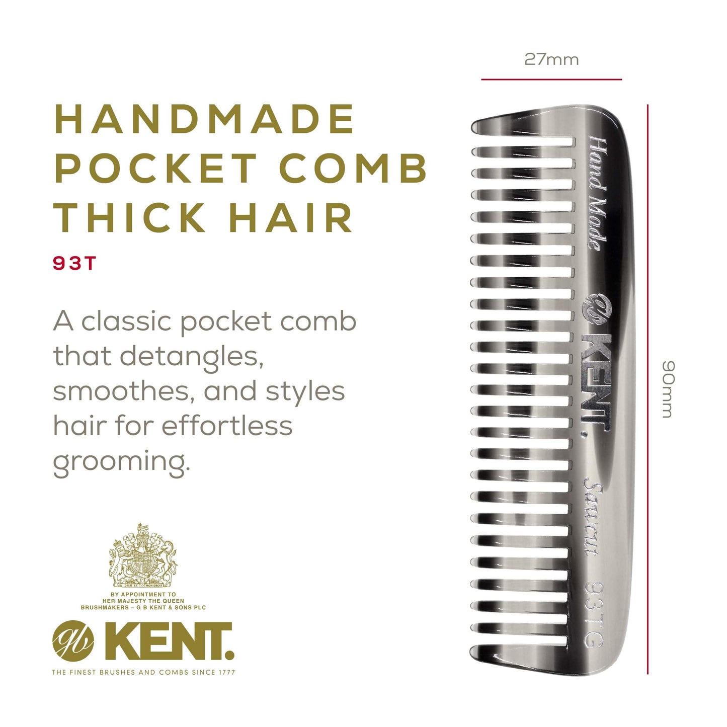 Kent 93T Mini Beard Comb for Men - Wide Tooth Men's Comb, Mustache Comb and Beard Combs ideal for Facial Hair, Small Pocket Sized Travel Comb, Mini Comb Detangle Comb for Beard Detangling Comb