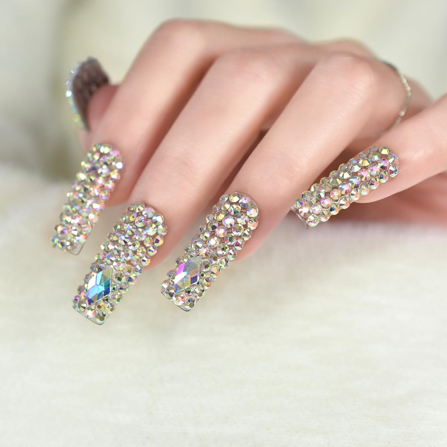 Shiny 3D Crystal Rhinestones Press on Nails, Coolnail Long Square Holo Diamond Handmade Jewelry Fake Nails With Glue Sticker, Gems Full Cover Glue on Nails, Luxe Nails for Party Women & Girl