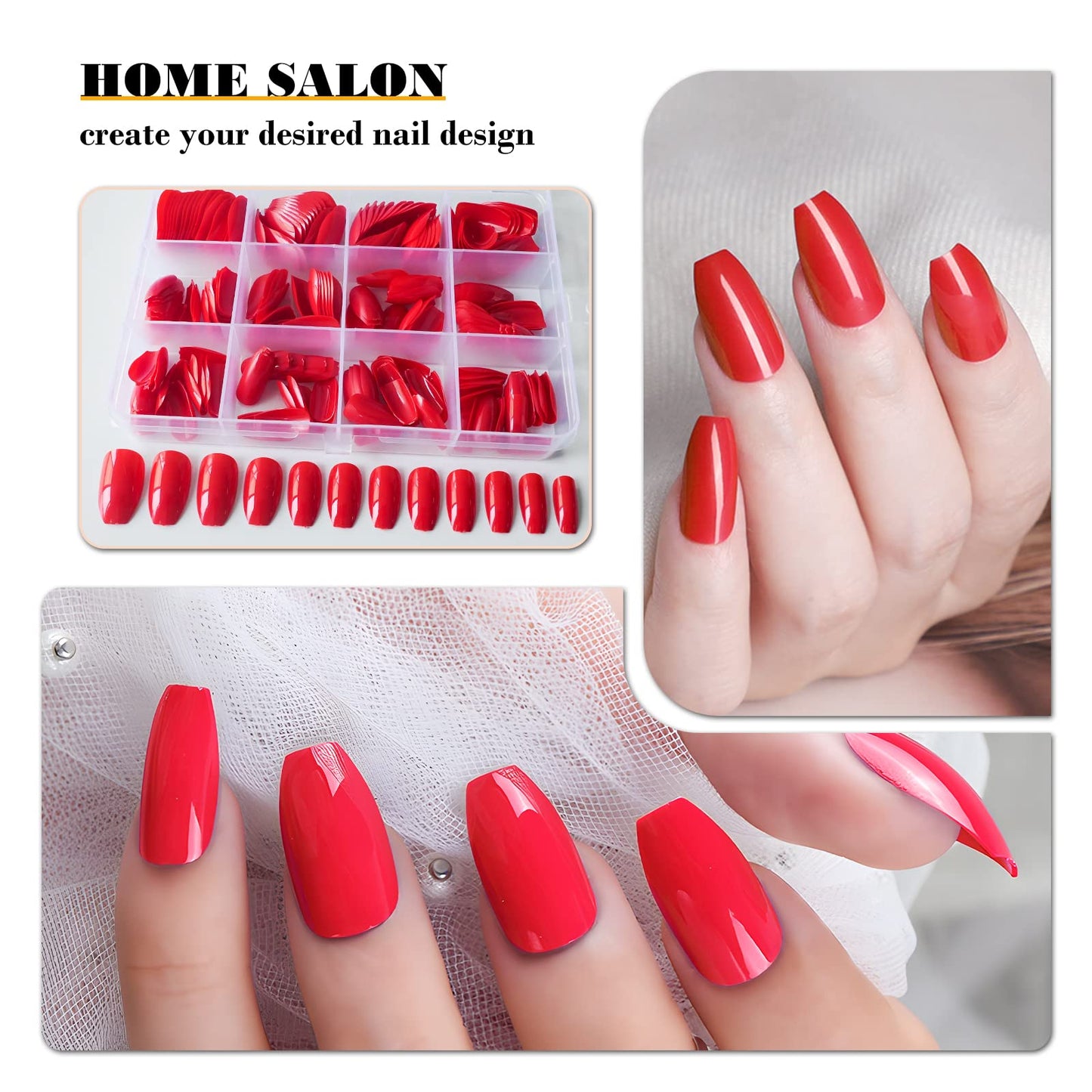 LoveOurHome 240pc Coffin Press on Nails Medium Length, Full Cover Short Ballerina Red Fake Nail Colored Artificial False Fingernail Acrylic Presson Tips with Glue Ahdesive Tabs for Women Girls