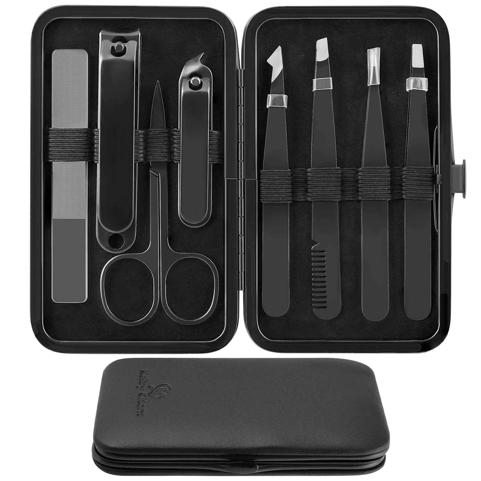 Tweezers Set for Facial Hair Women, 8Pcs Precision Eyebrow Tweezer Nail Clipper Set Eyebrow Pluckers Men for Ingrown Hair Removal(Black)