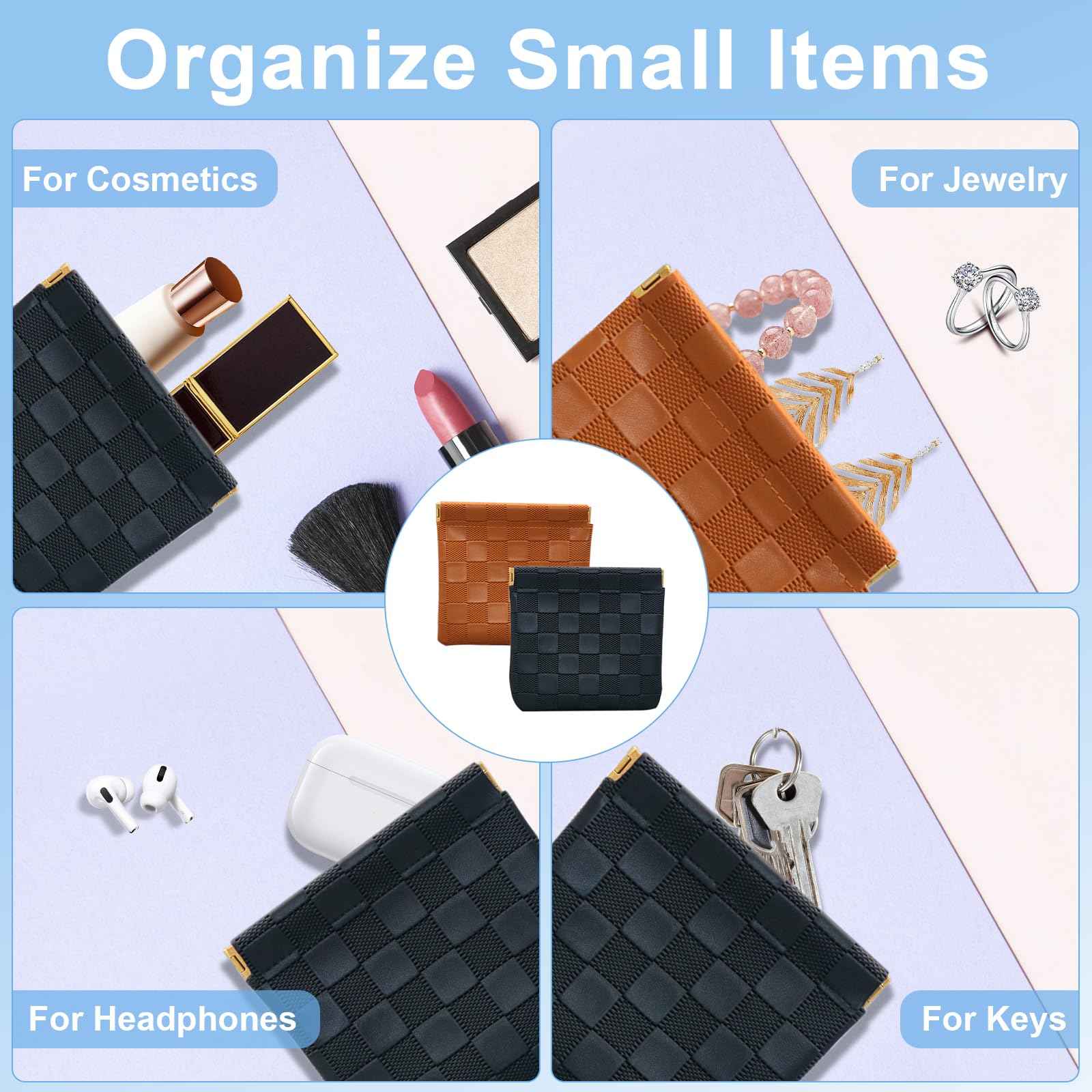 4PCS Small Makeup Bag for Purse, Mini Leather Pocket Cosmetic Bag for Women, Waterproof Portable Makeup Pouch No Zipper Coin Purse Lipstick Bag Accessories, Checkered Travel Storage Bag(Black, Brown)