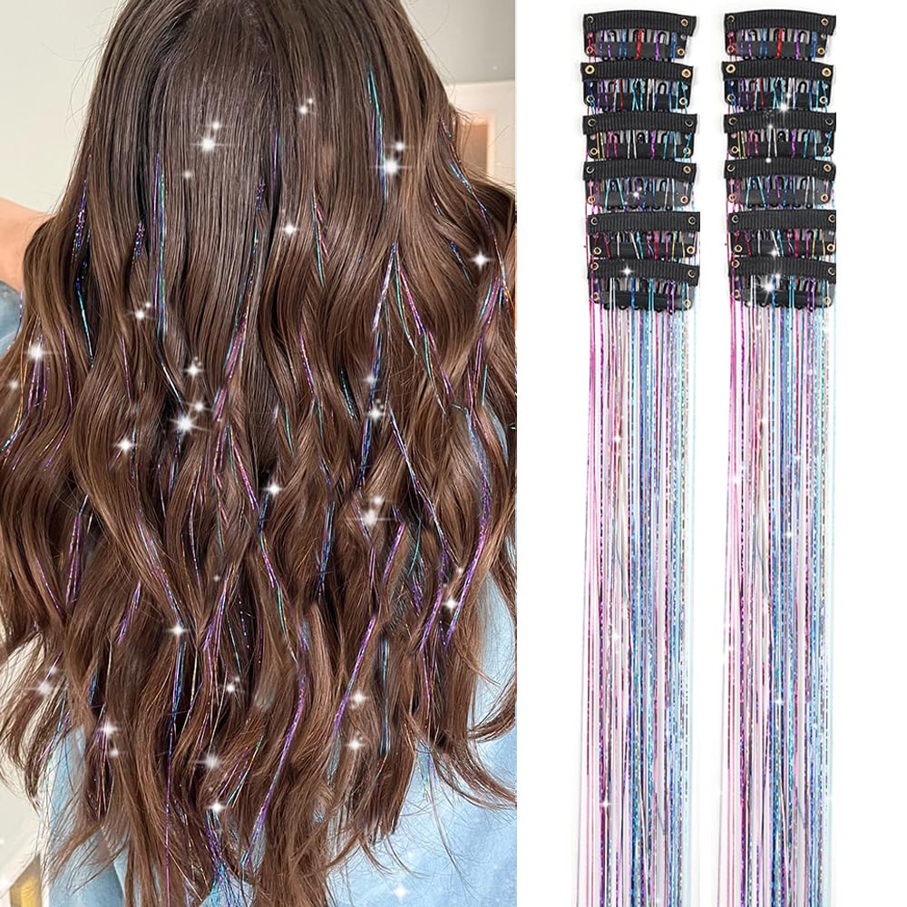 Hair Tinsel Pack of 12 Pcs Clip in Hair Tinsel 20 Inch Colorful Glitter Tinsel Hair Extensions Tinsel Fairy Hair Party Dazzle Hair Accessories Strands Kit for Women Girls Kids(12Pcs,Colorful#)