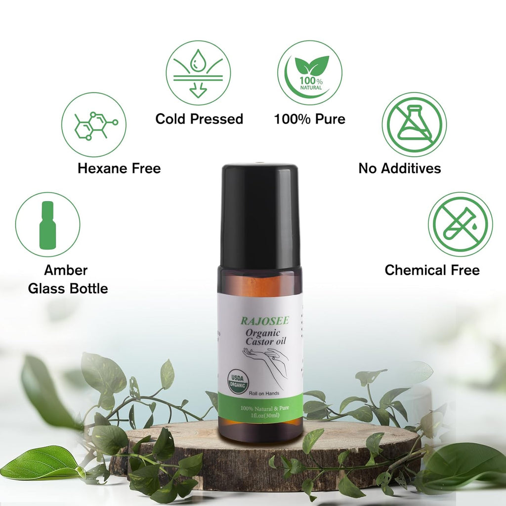 Castor Oil Roll on in Glass Bottle, Certified Organic Castor Oil Roller for Body Hair Skin Lip Eyebrow Pure Organic Cold Pressed Essential Oil - 1fl.oz