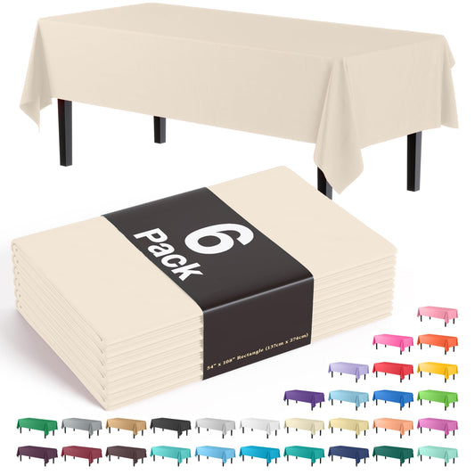 Exquisite 6-Pack Premium Plastic Tablecloth 54in. x 108in. Rectangle Plastic Table Cover - Ivory