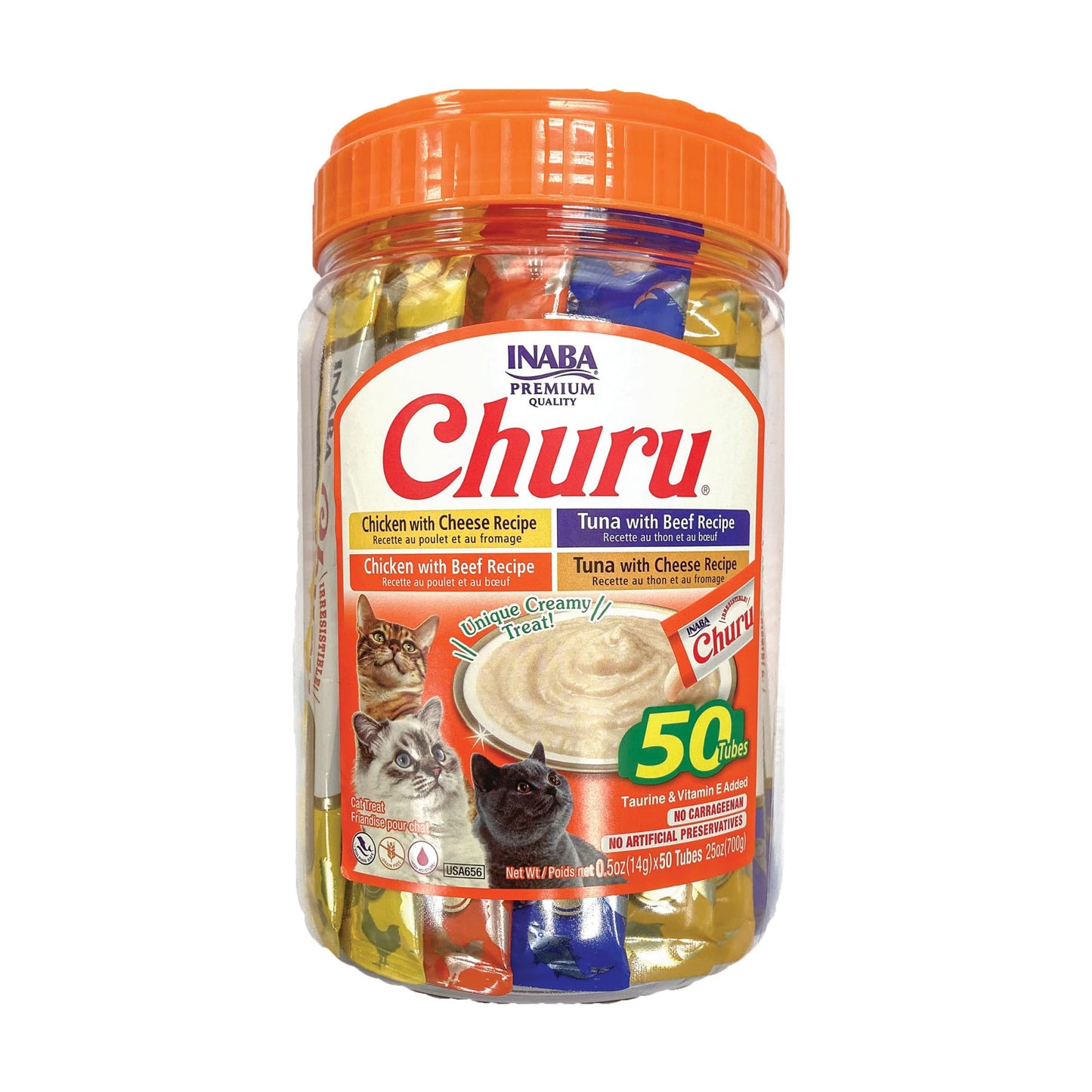 INABA Churu Cat Treats, Grain-Free, Lickable, Squeezable Creamy Purée Cat Treat/Topper with Vitamin E & Taurine, 0.5 Ounces Each Tube, 50 Tubes, Beef & Cheese Variety