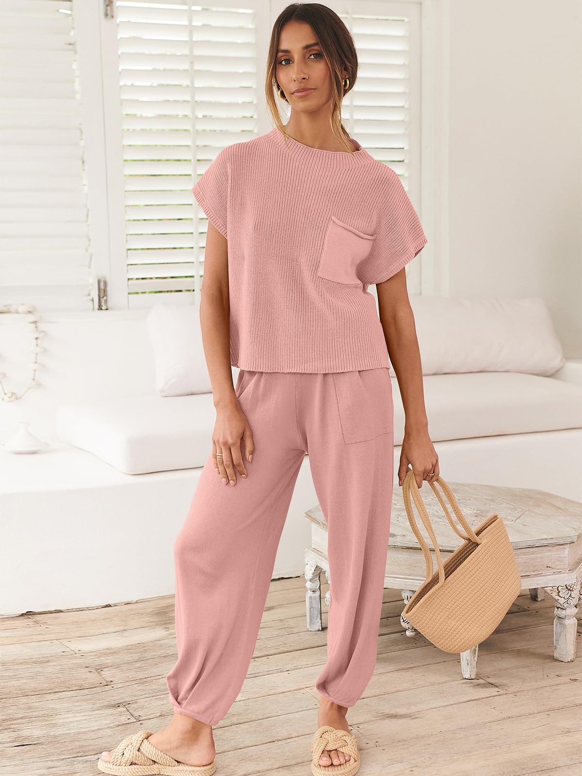 ANRABESS Women's Two Piece Outfits Knit Sweater Pullover Crop Top & Pants Lounge Matching Tracksuit Sweatsuit Sets 2024 Trendy Loungewear Clothes Pink X-Small