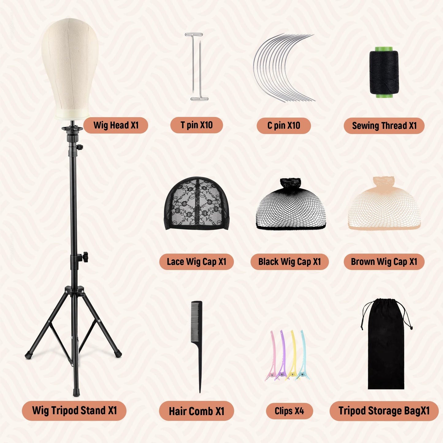 Goodofferplace Tall Wig Tripod Stand with Head,23 Inch Wig Head Stand with Canvas Mannequin Head for Styling,Wig Making Display,with Wig Caps,T-PIN,C Needles,Clips,Carrying Bag,Comb(37.4-50.8 Inch)