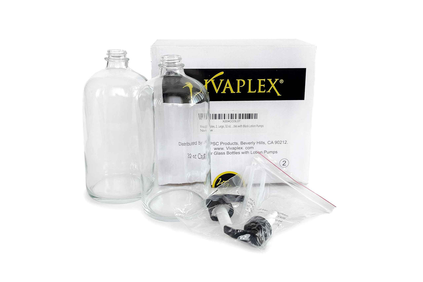 Vivaplex, 2, Large, 32 oz, Empty, Clear Glass Bottles with Black Lotion Pumps