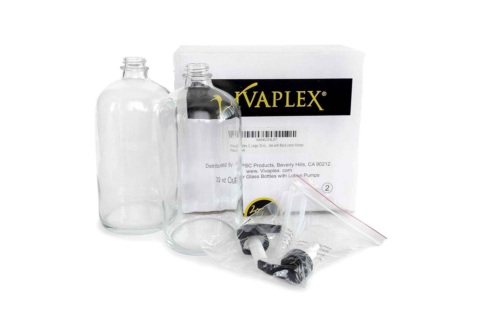 Vivaplex, 2, Large, 32 oz, Empty, Clear Glass Bottles with Black Lotion Pumps